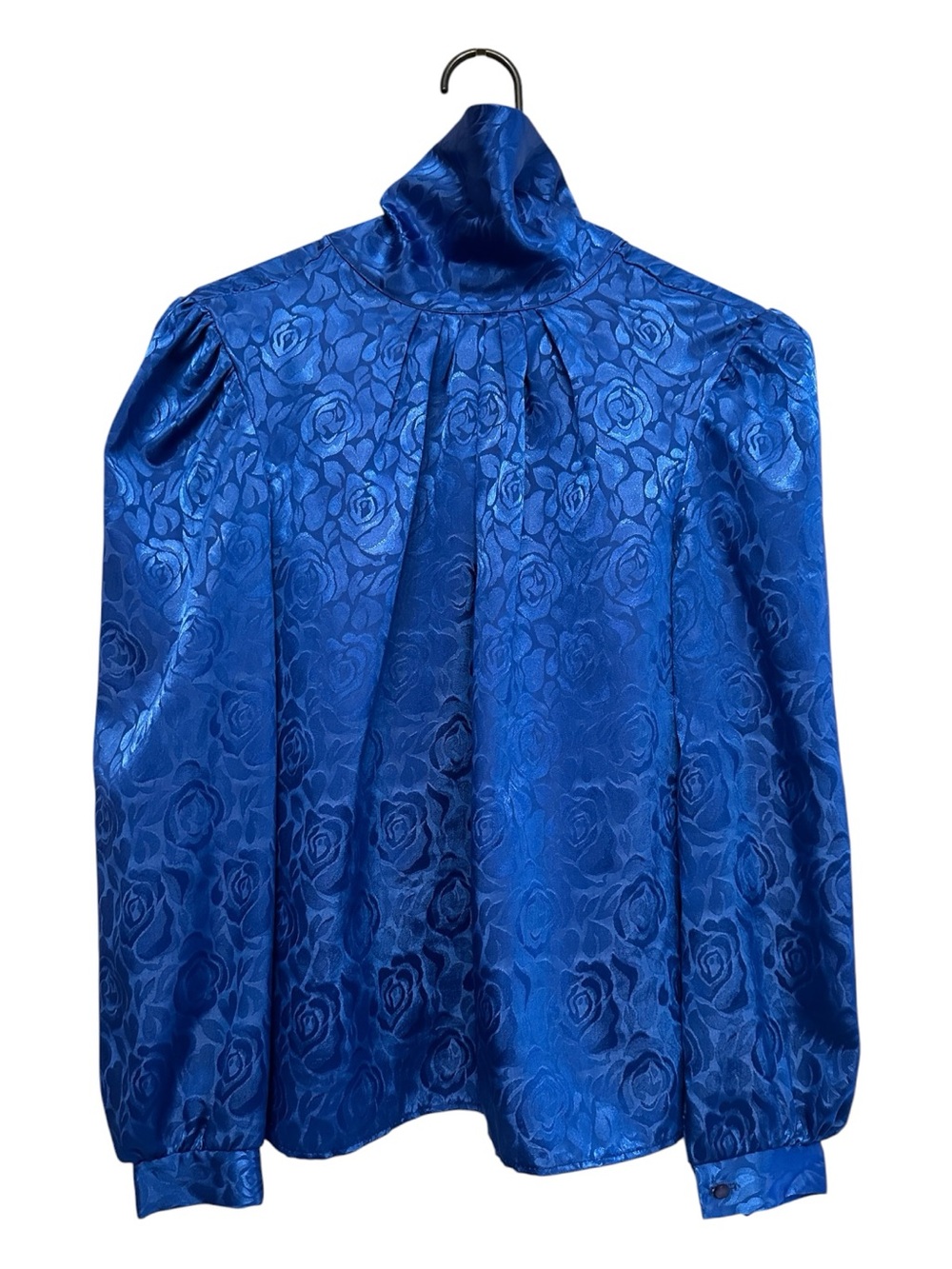 Vintage 80’s/90’s Ellen Blue Satin Rose-Jacquard High-Neck Blouse Size Small